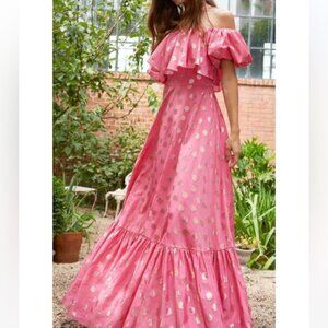 $995 ML MONIQUE LHUILLIER Pink & Gold Off The Shoulder Metallic Ruffled Gown